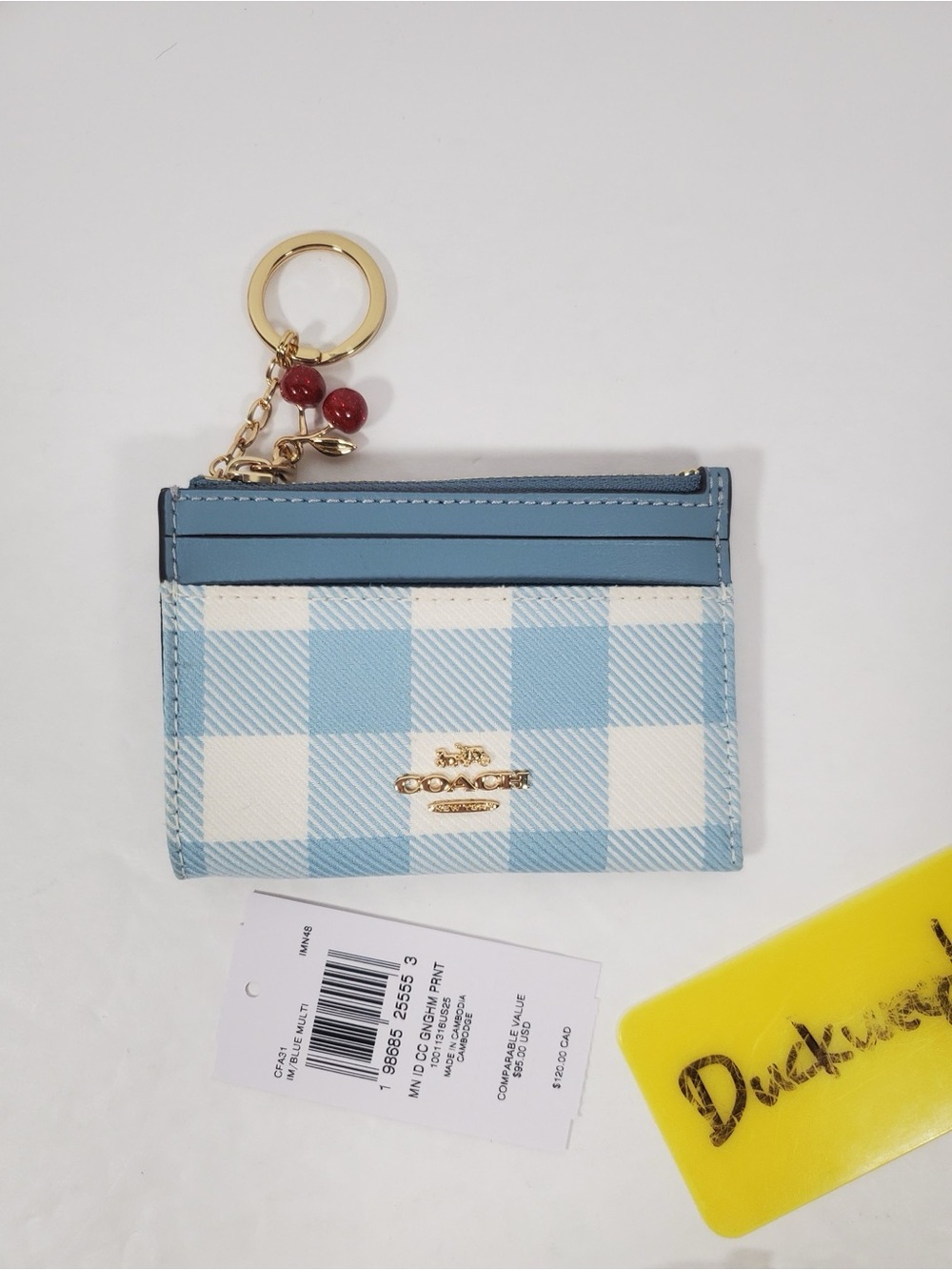 NWT Coach Mini Skinny Id Case With Gingham Print And Charm Gold/Blue Multi